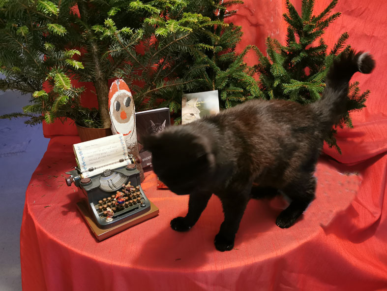 Lebkuchenhaus mit Kater und Weihnachtsmann